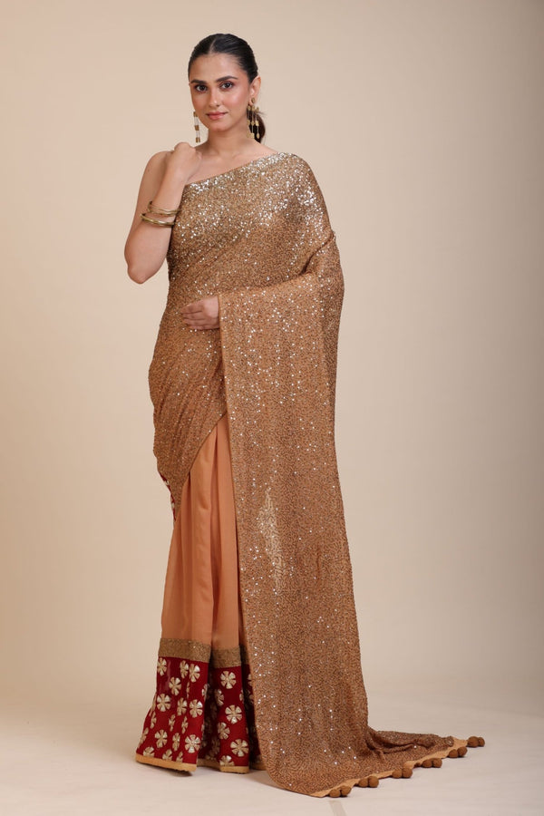 Coffee Brown Sequin Party Wear Saree With Maroon Border - Anvi Couture