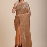 Coffee Brown Sequin Party Wear Saree With Maroon Border front