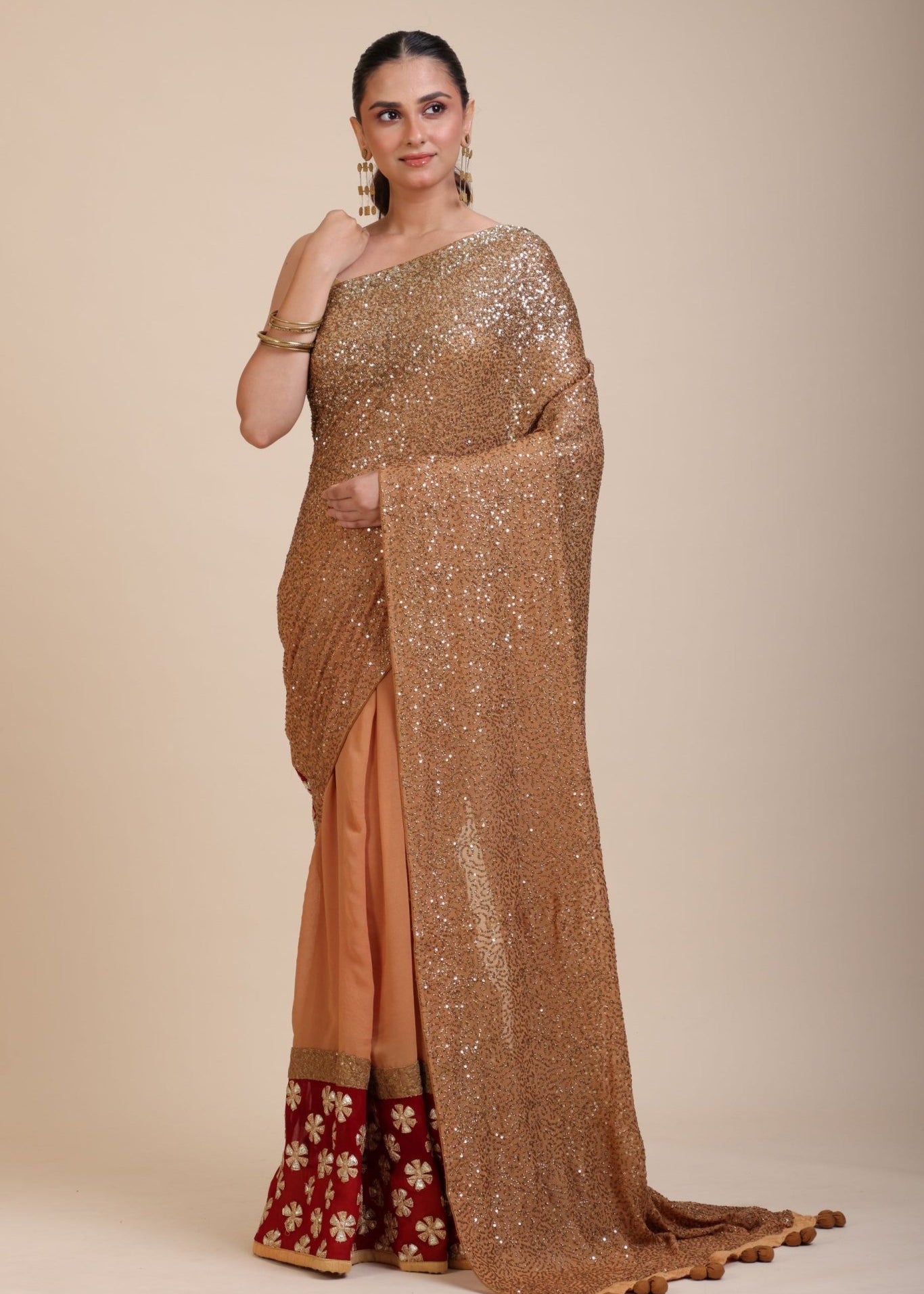 Coffee Brown Sequin Party Wear Saree With Maroon Border - Anvi Couture