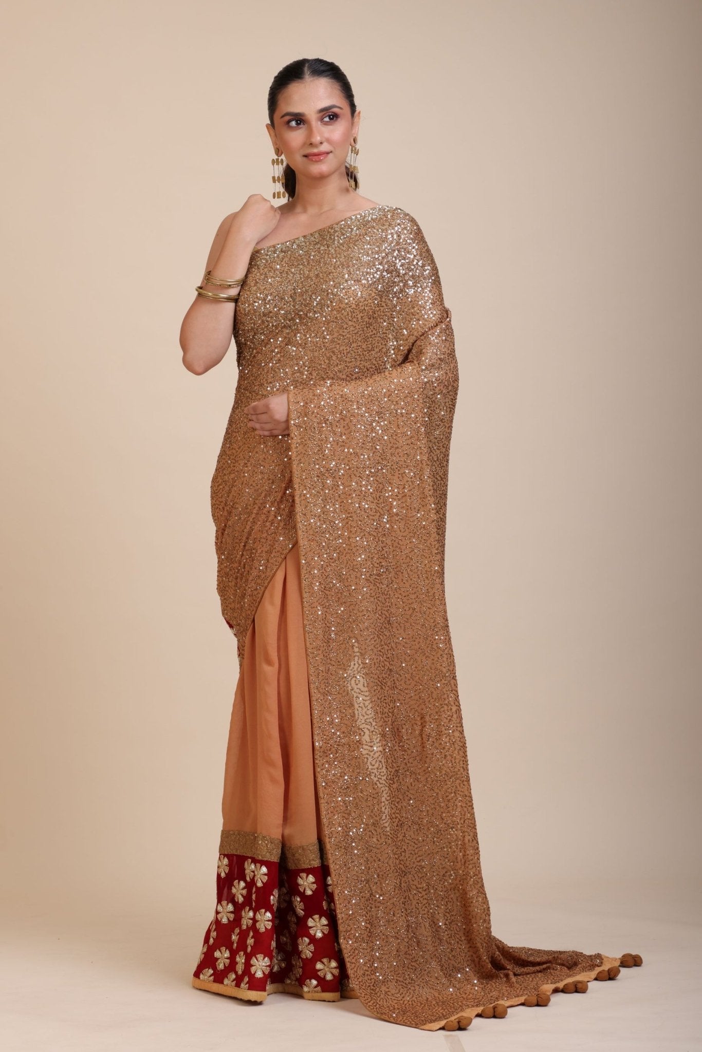 Coffee Brown Sequin Party Wear Saree With Maroon Border - Anvi Couture
