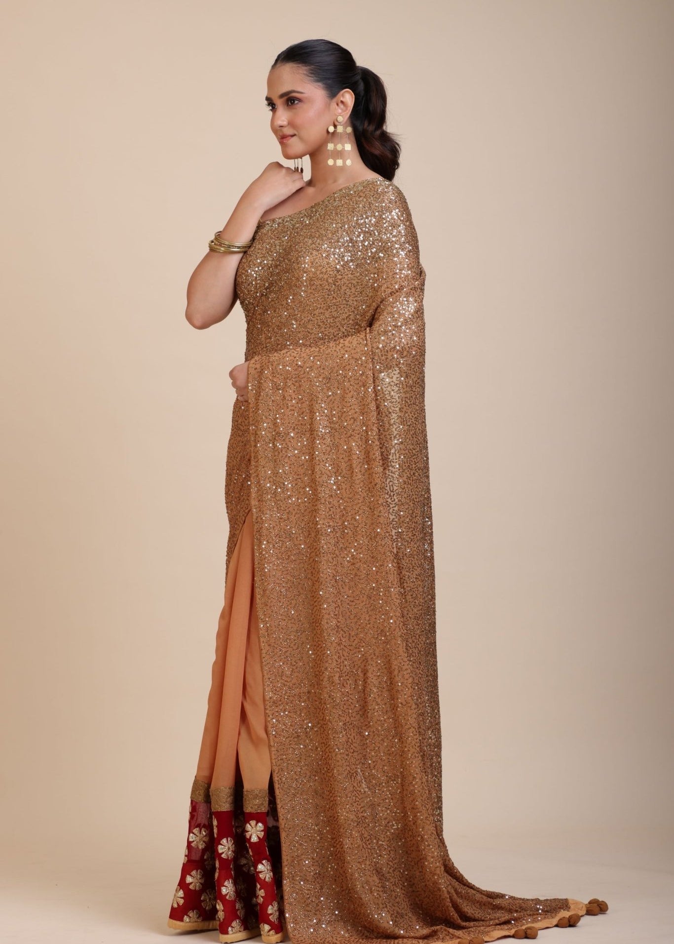 Coffee Brown Sequin Party Wear Saree With Maroon Border - Anvi Couture