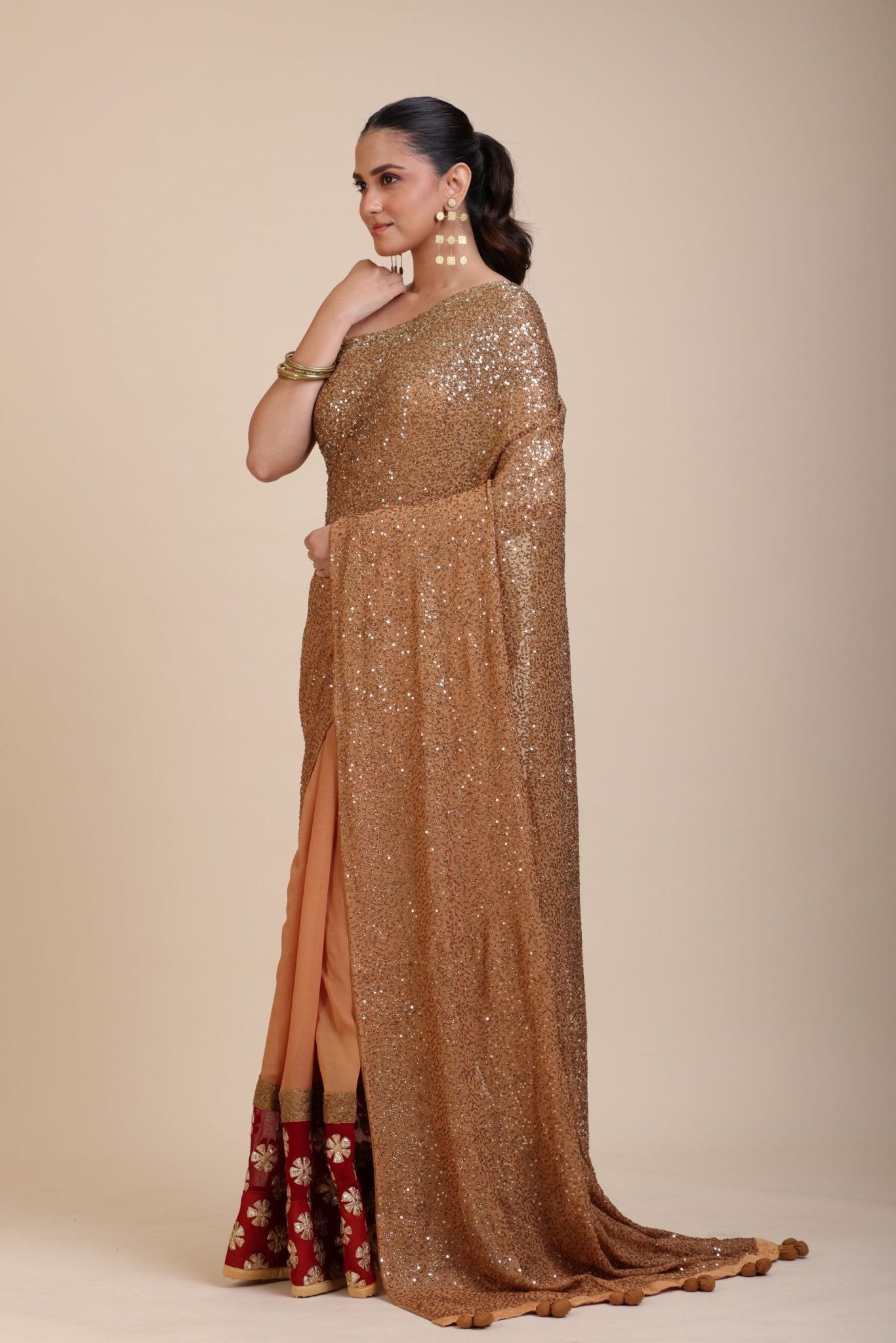 Coffee Brown Sequin Party Wear Saree With Maroon Border - Anvi Couture