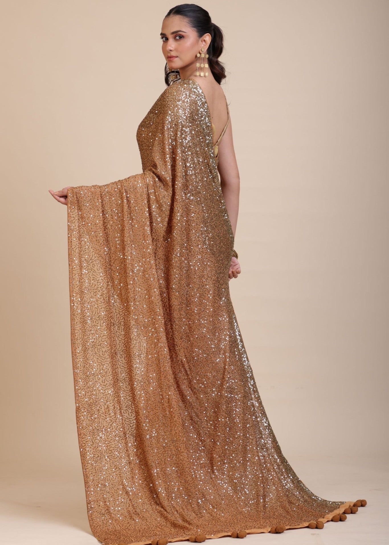 Coffee Brown Sequin Party Wear Saree With Maroon Border - Anvi Couture