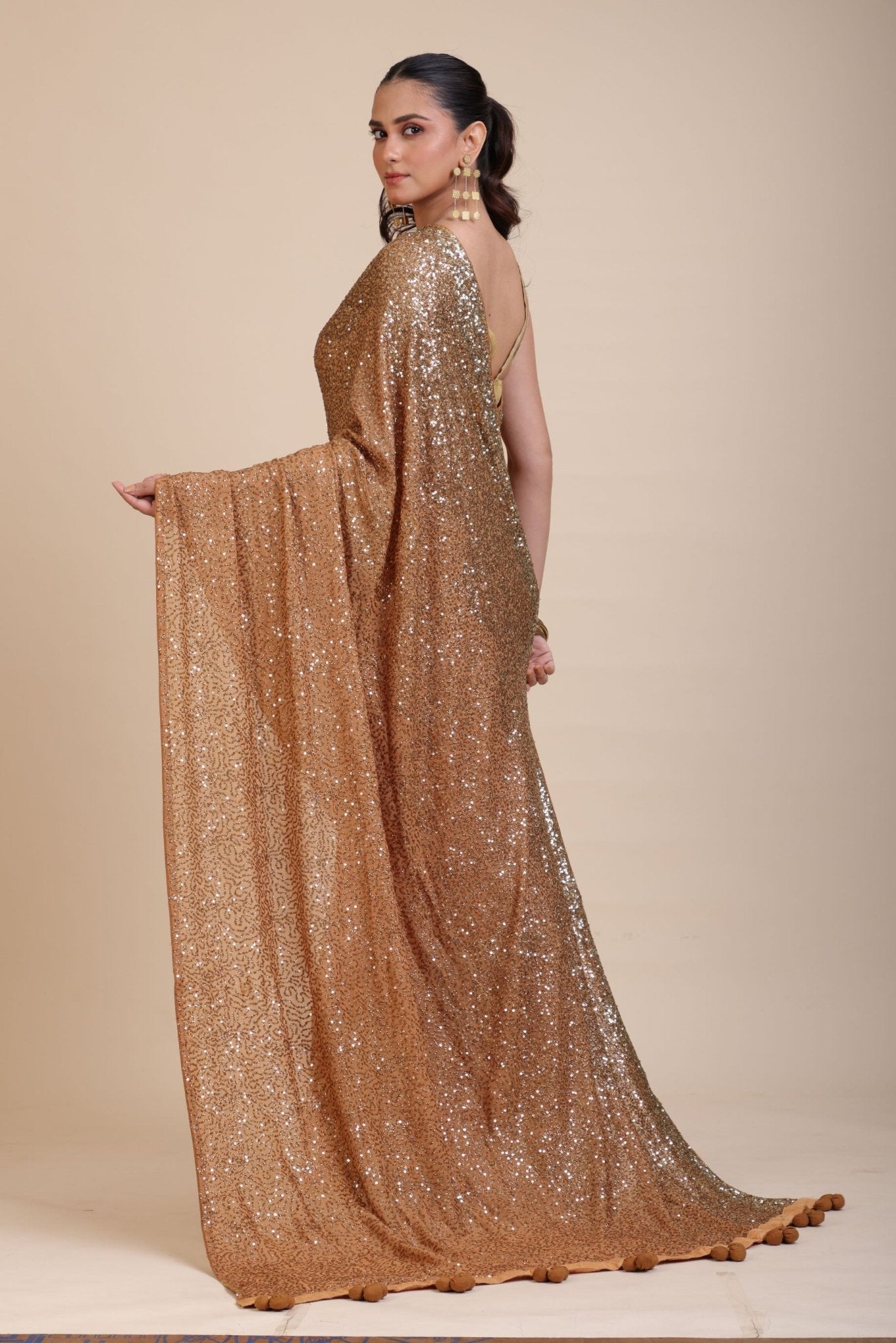 Coffee Brown Sequin Party Wear Saree With Maroon Border - Anvi Couture
