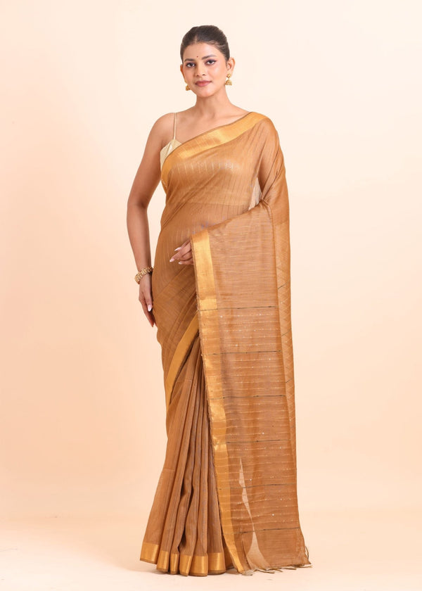 Copper Brown Handloom Silk Saree With Golden Border - Anvi Couture