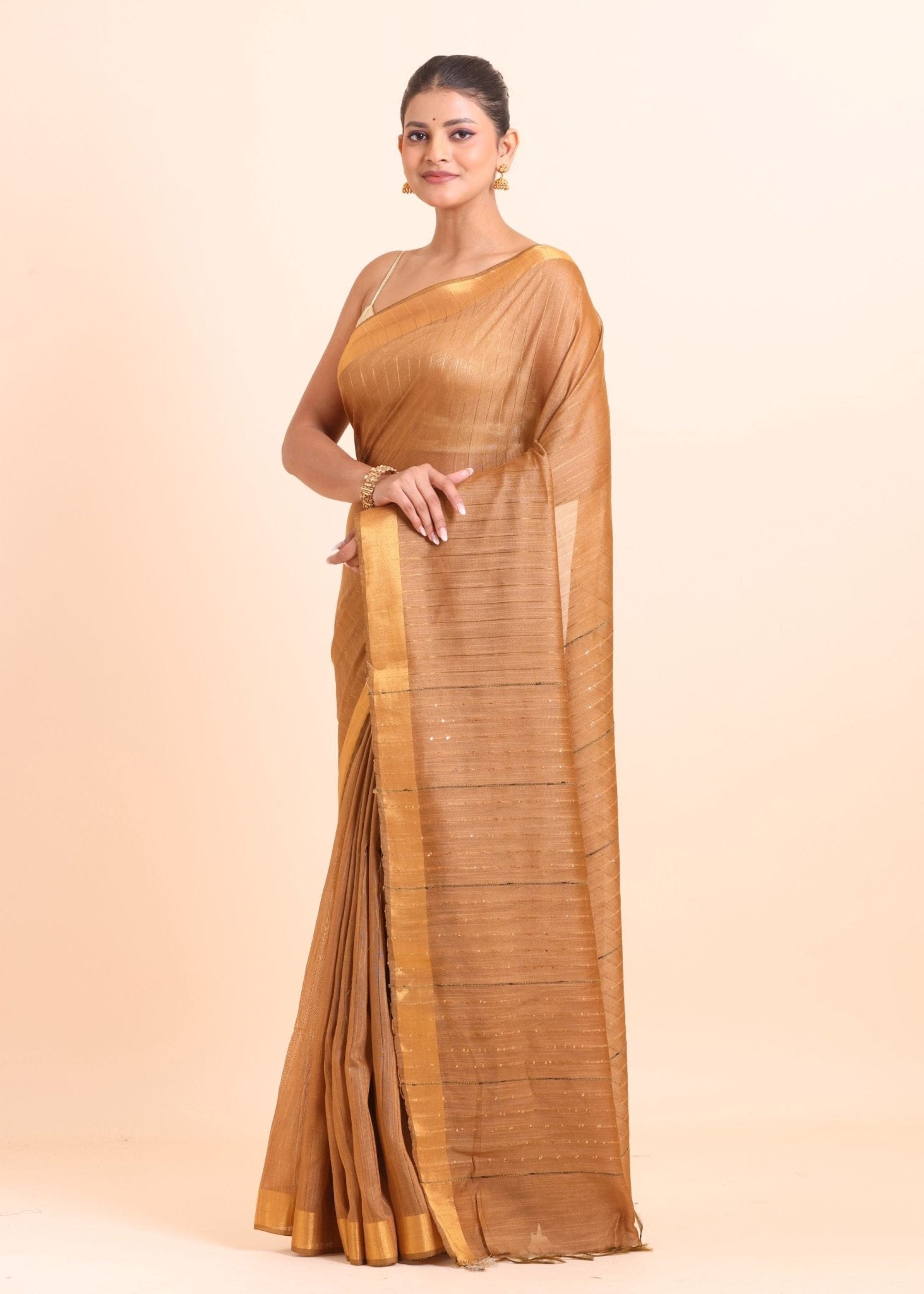 Copper Brown Handloom Silk Saree With Golden Border - Anvi Couture