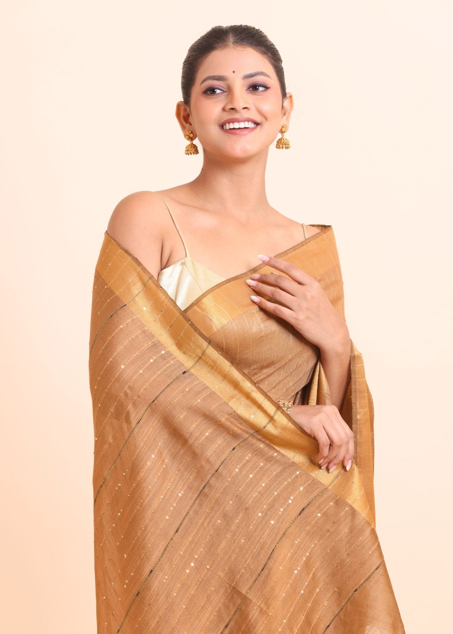 Copper Brown Handloom Silk Saree With Golden Border - Anvi Couture