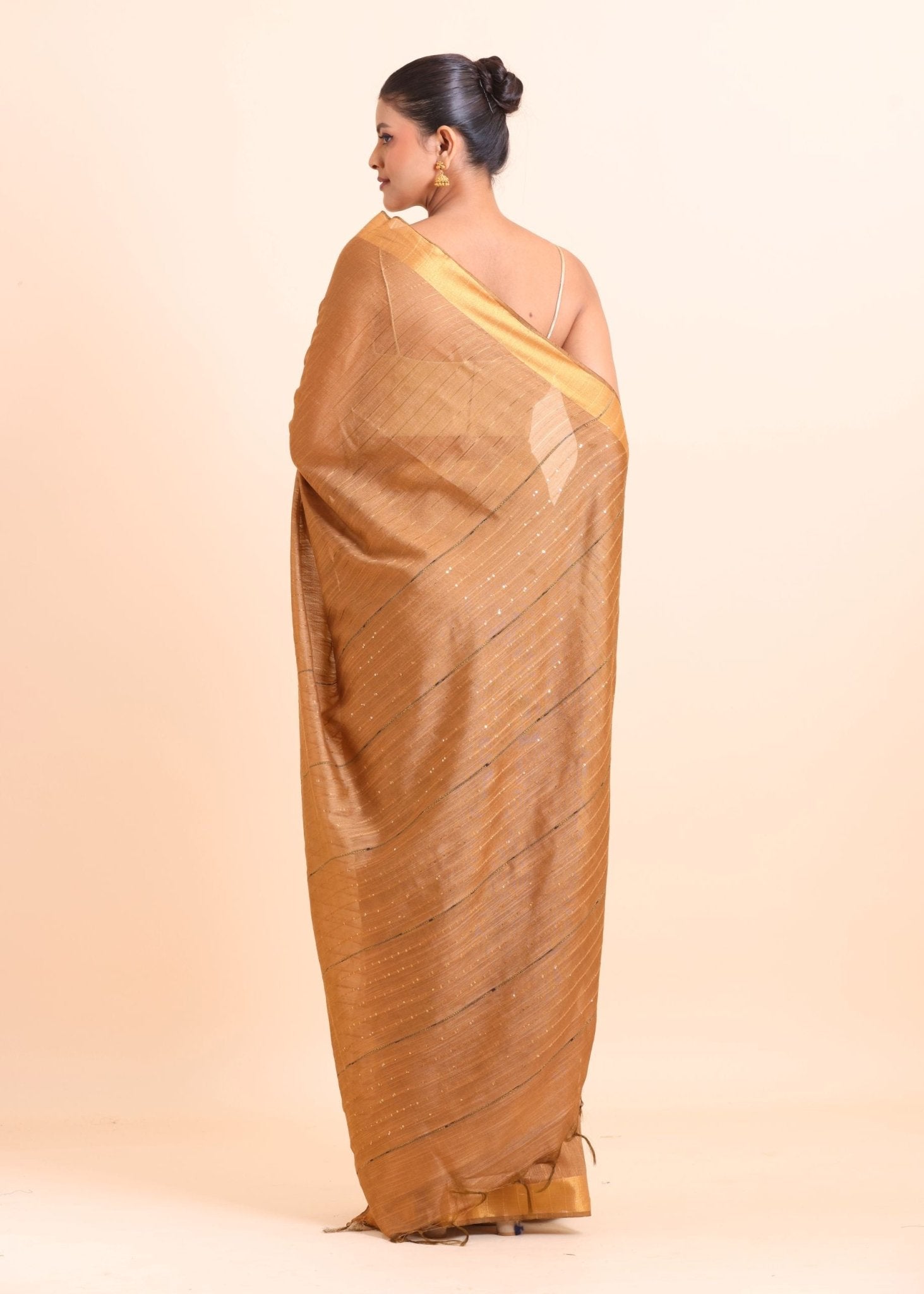 Copper Brown Handloom Silk Saree With Golden Border - Anvi Couture