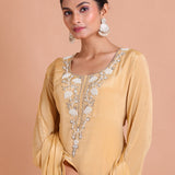 Cream Beaded Long Sharara Kurti Set Close Up View
