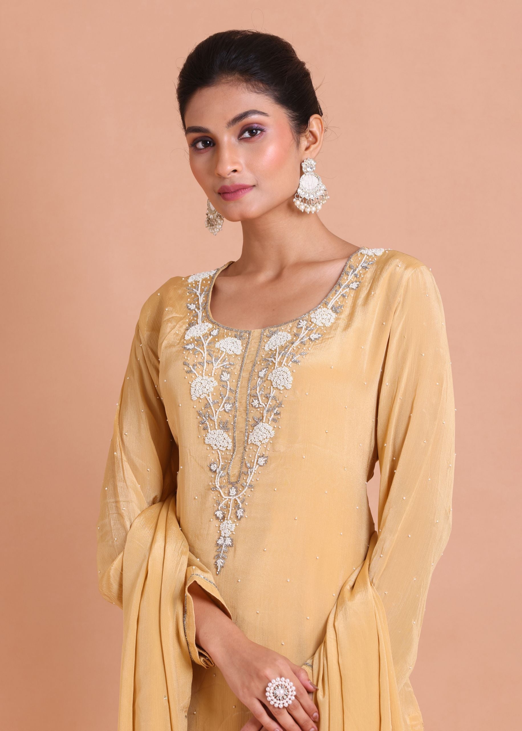 Cream Beaded Long Sharara Kurti Set Close Up View