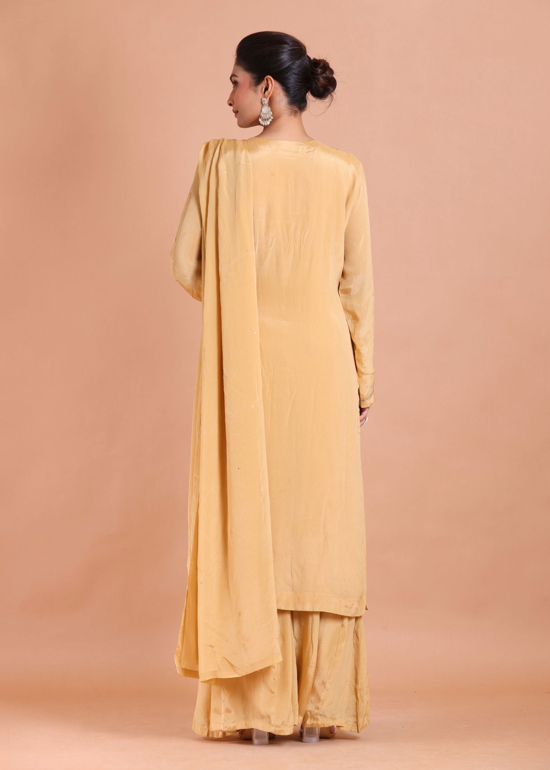 Cream Beaded Long Sharara Kurti Set Back View