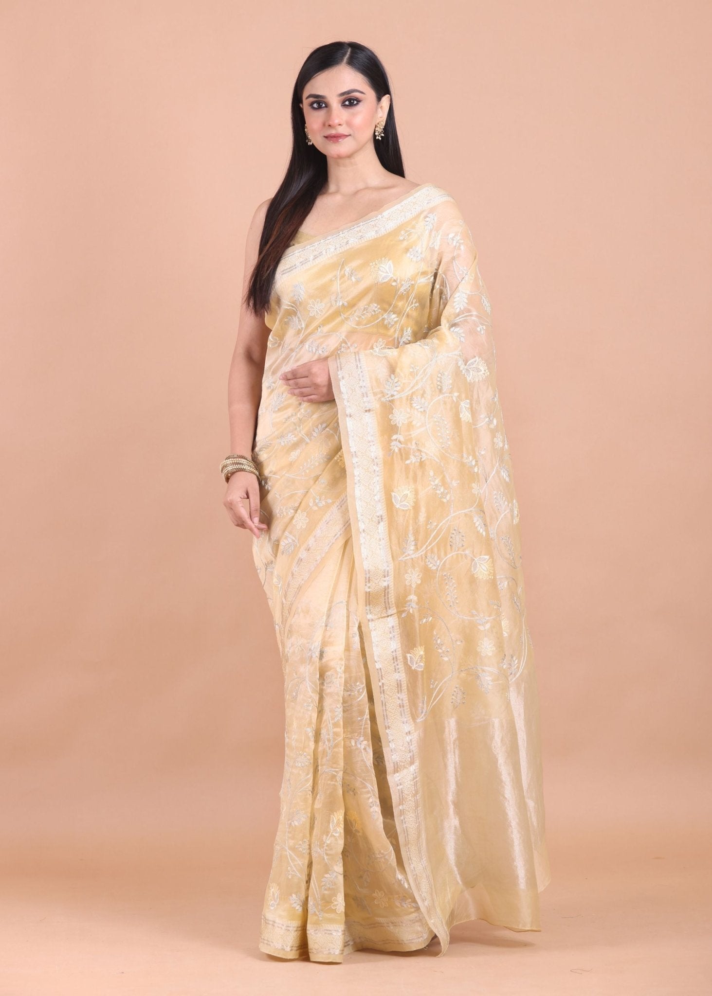 Cream Color Organza Saree with Floral embroidered work - Anvi Couture