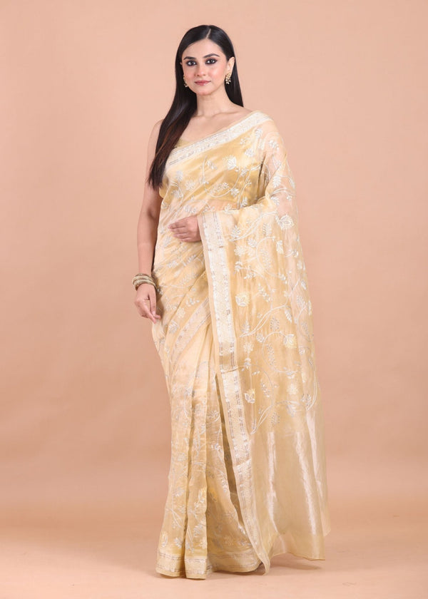Cream Color Organza Saree with Floral embroidered work - Anvi Couture