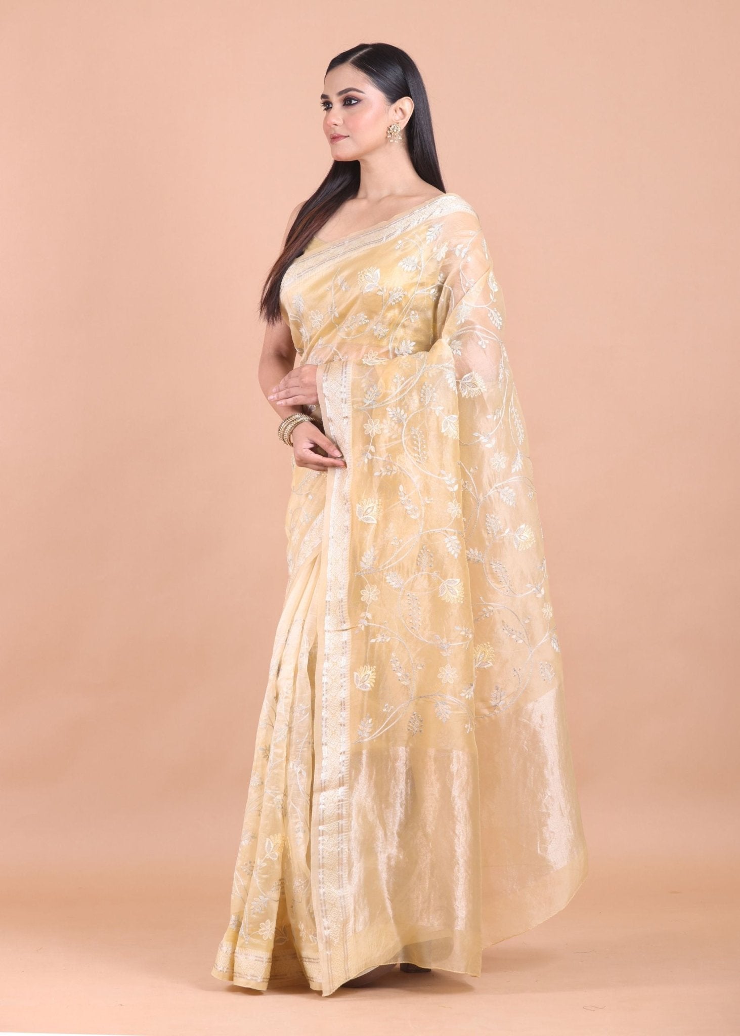 Cream Color Organza Saree with Floral embroidered work - Anvi Couture