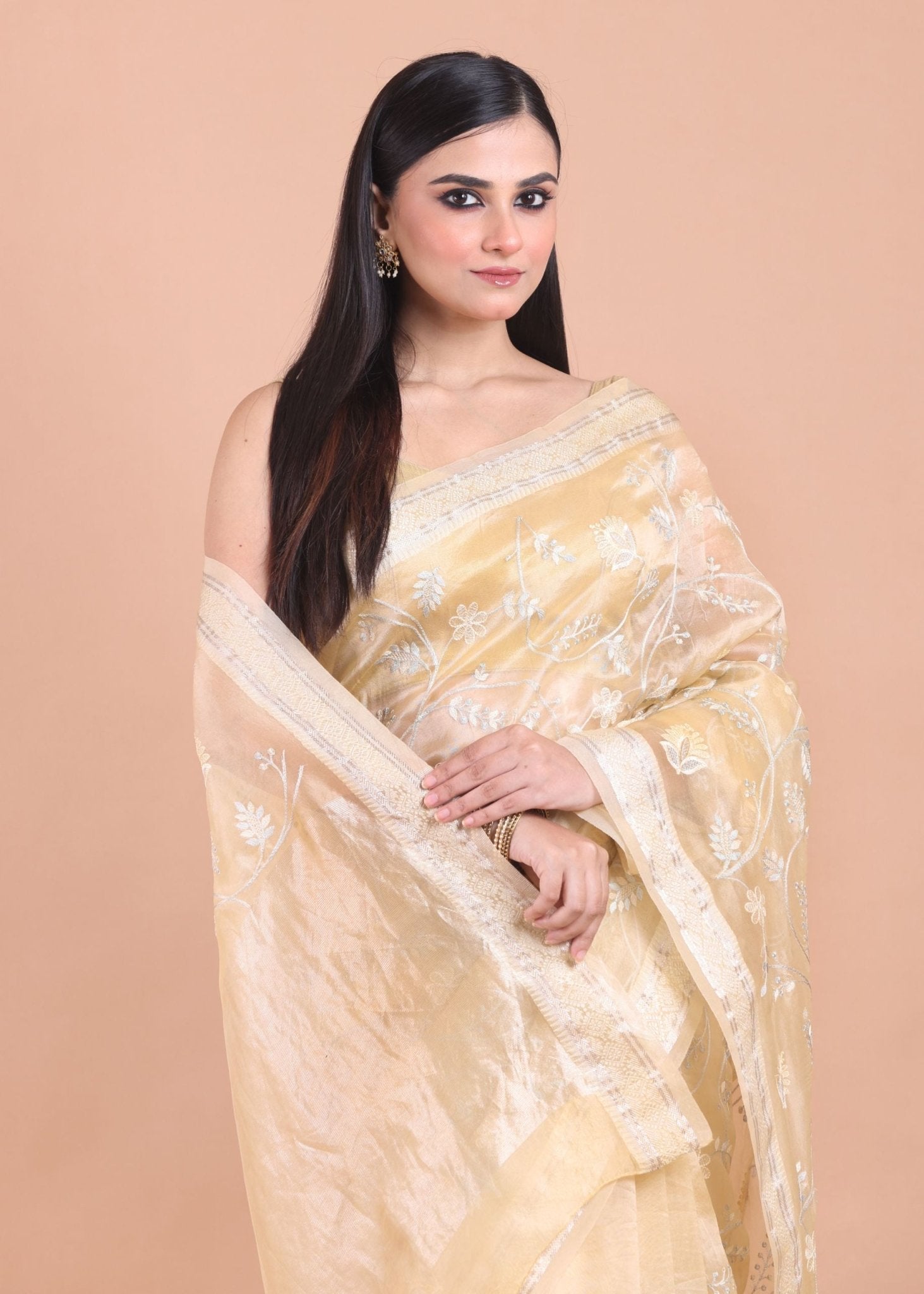 Cream Color Organza Saree with Floral embroidered work - Anvi Couture