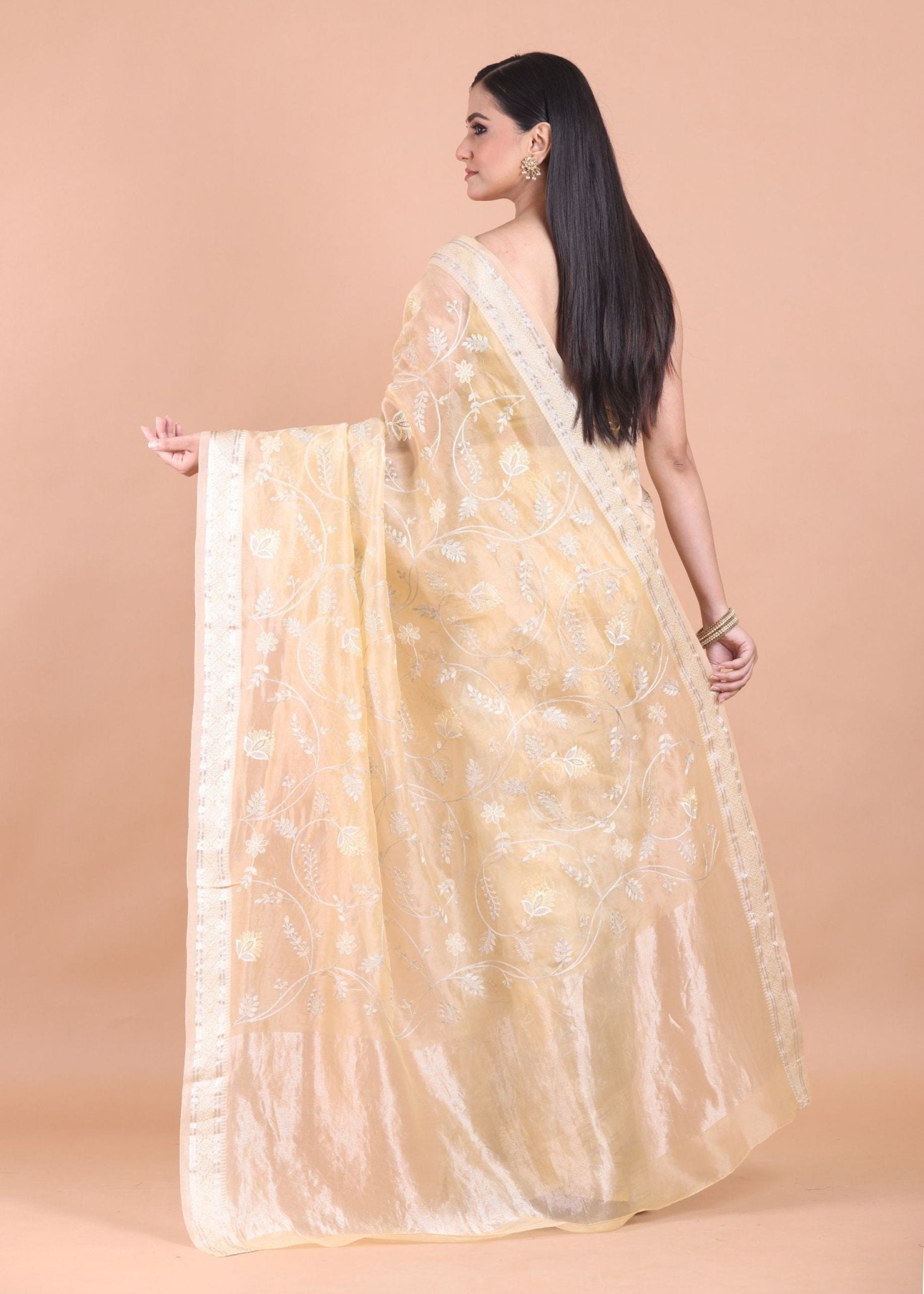Cream Color Organza Saree with Floral embroidered work - Anvi Couture