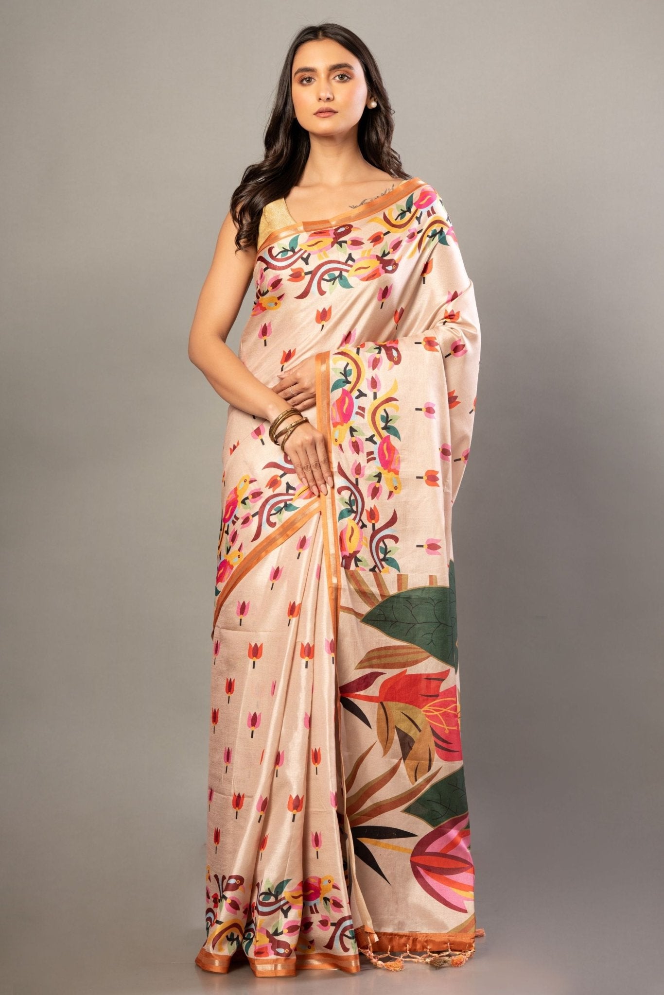 Cream Color Silk Saree With all over Floral Prints - Anvi Couture - Front