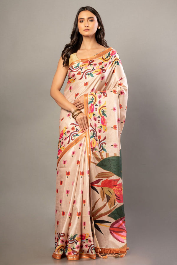 Cream Color Silk Saree With all over Floral Prints - Anvi Couture - Front