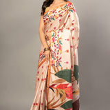 Cream Color Silk Saree With all over Floral Prints - Anvi Couture - Front -1