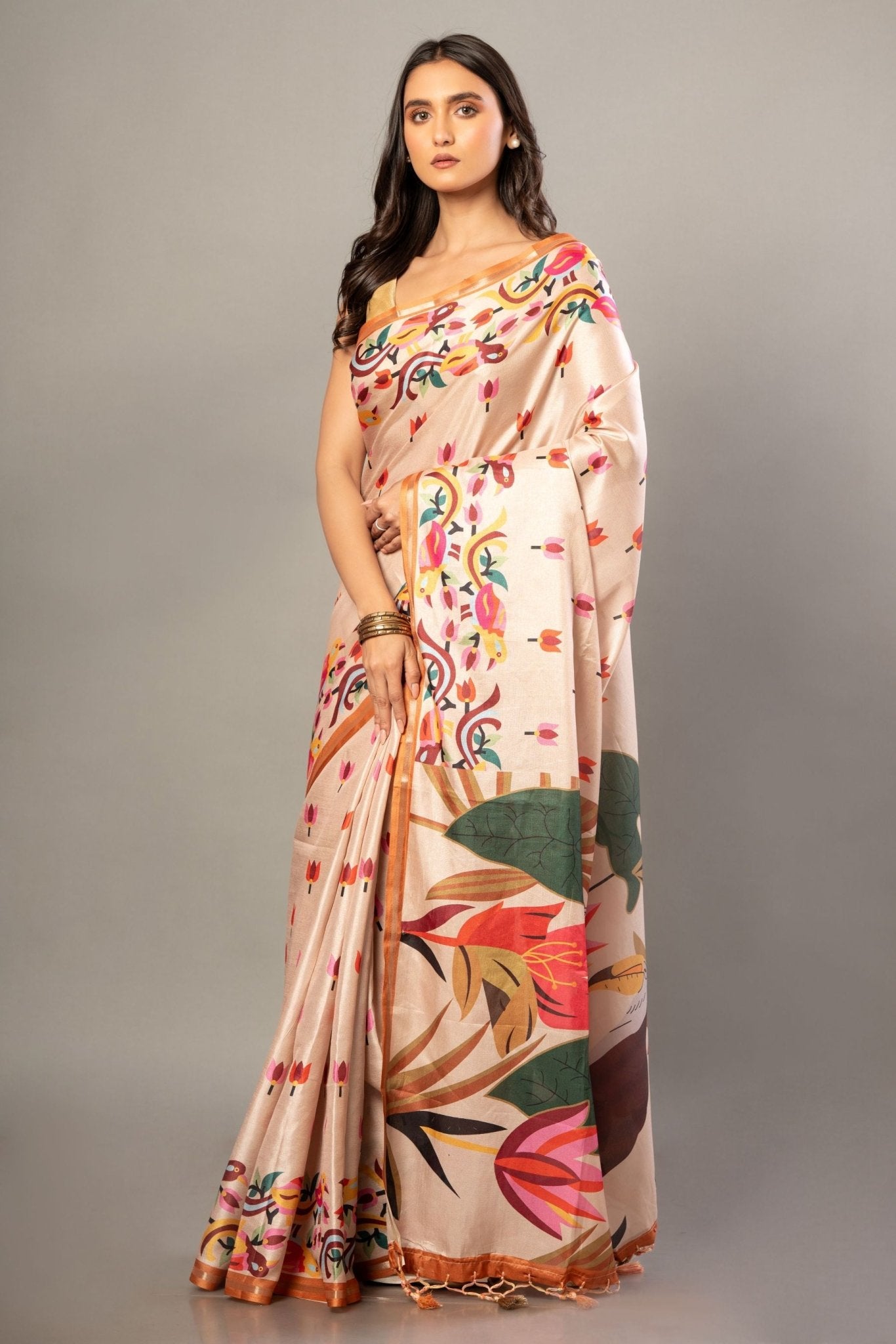 Cream Color Silk Saree With all over Floral Prints - Anvi Couture - Front -1