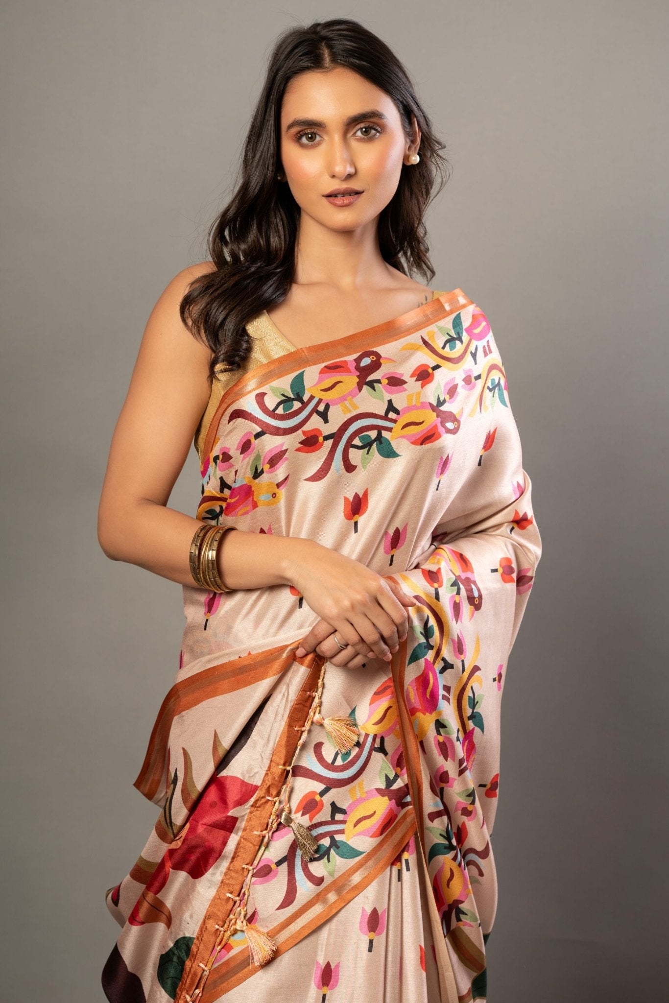 Cream Color Silk Saree With all over Floral Prints - Anvi Couture - Front 2
