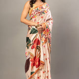 Cream Color Silk Saree With all over Floral Prints - Anvi Couture - Front 4