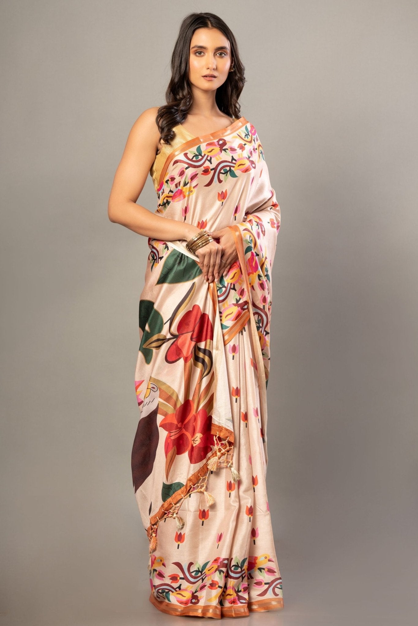 Cream Color Silk Saree With all over Floral Prints - Anvi Couture - Front 4