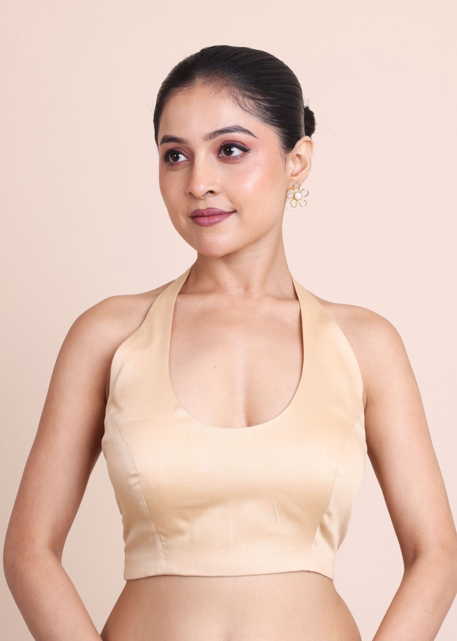 Cream Halter Neck Sleeveless Blouse - Anvi Couture