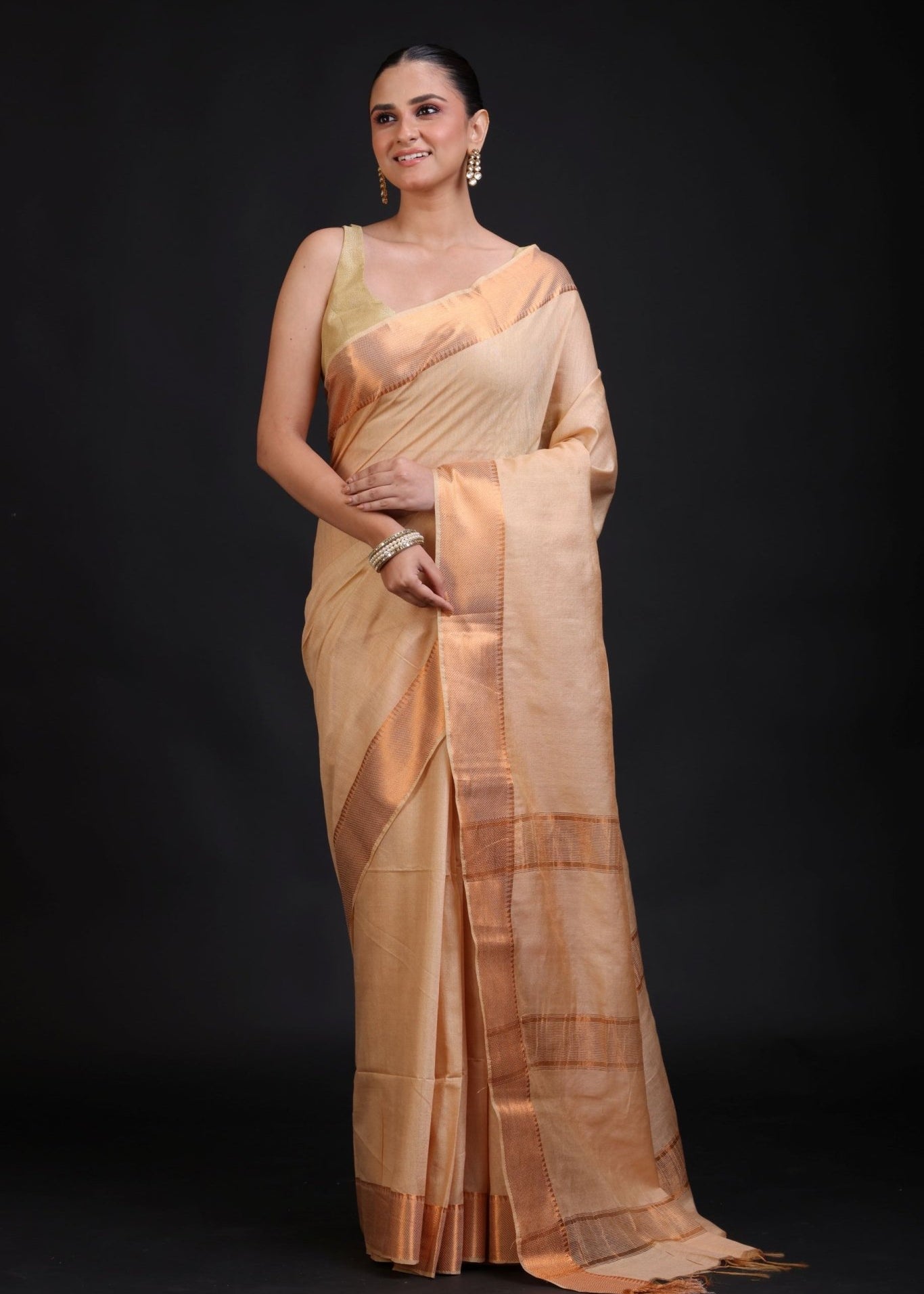 Cream Silk Saree With Copper Border - Anvi Couture