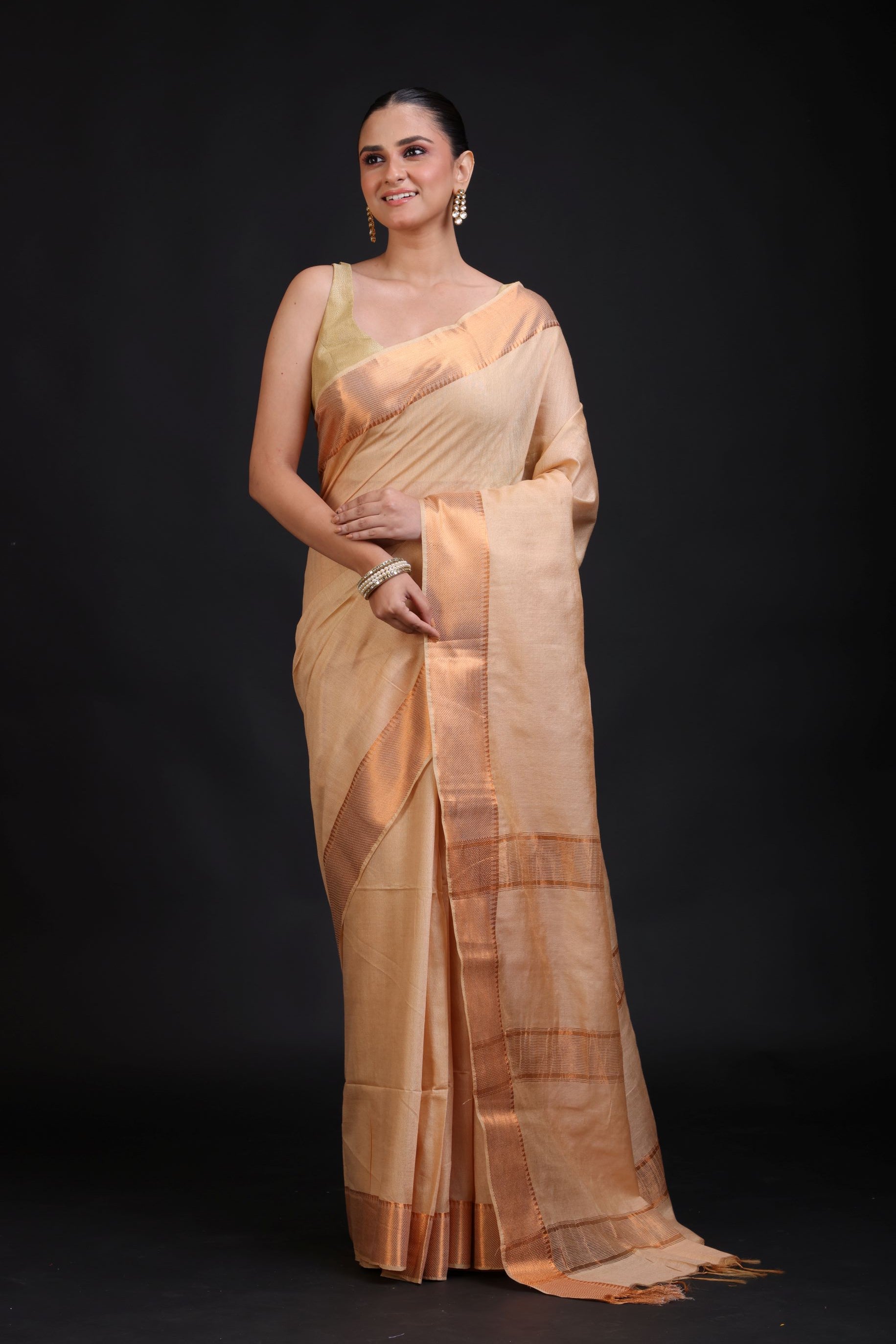 Cream Silk Saree With Copper Border full