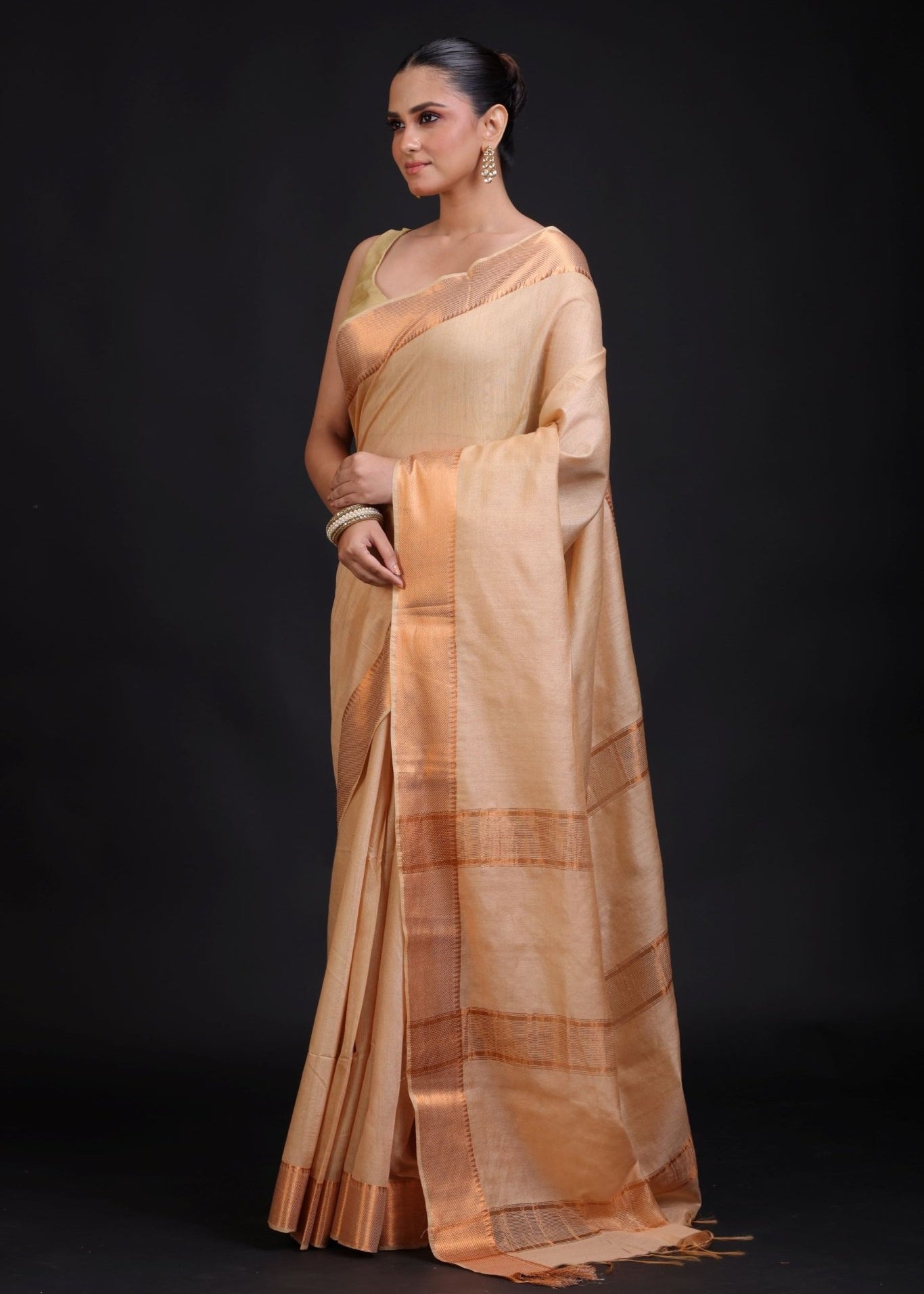 Cream Silk Saree With Copper Border - Anvi Couture