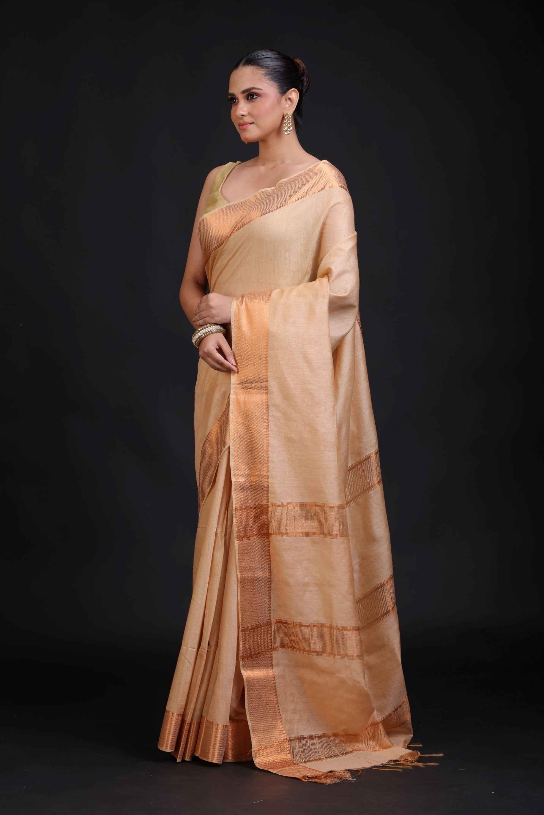 Cream Silk Saree With Copper Border front