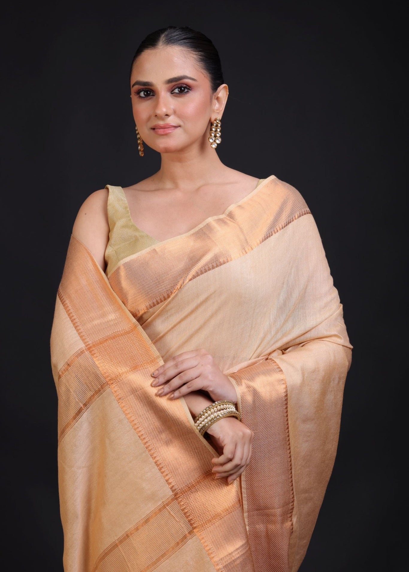 Cream Silk Saree With Copper Border - Anvi Couture