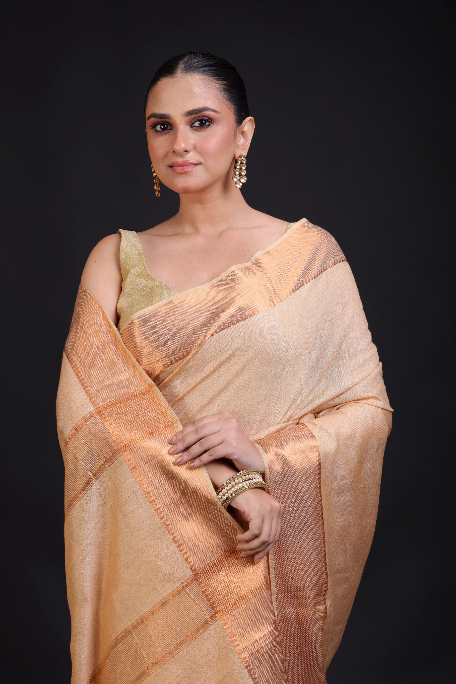 Cream Silk Saree With Copper Border close up