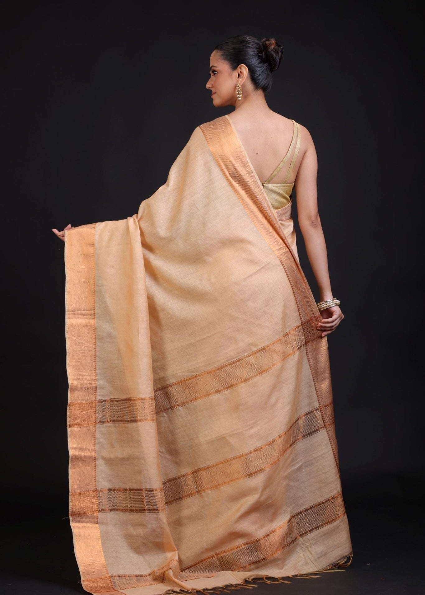 Cream Silk Saree With Copper Border - Anvi Couture
