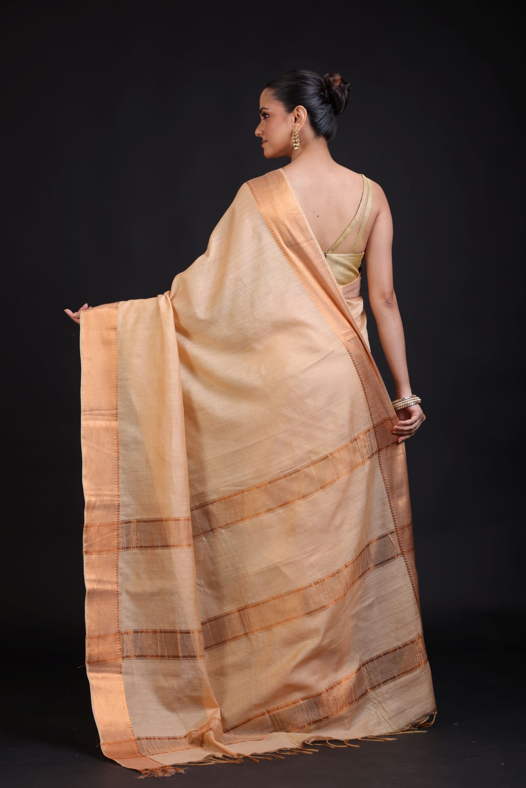 Cream Silk Saree With Copper Border back