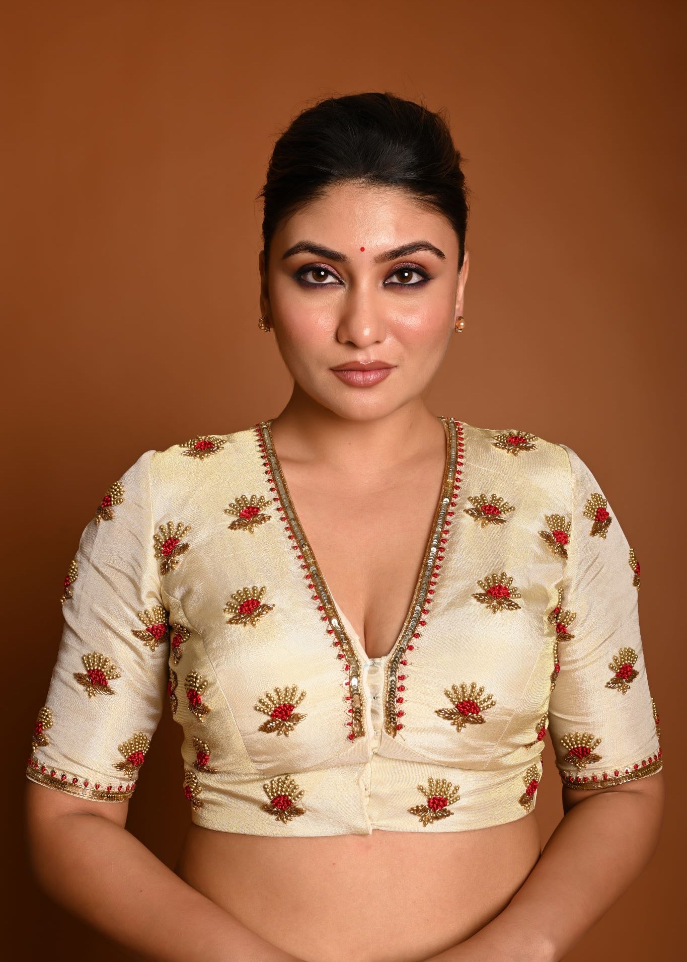 Cream White Tissue Silk Plunging V-Neckline Blouse with Hand Embroidery – Anvi Couture