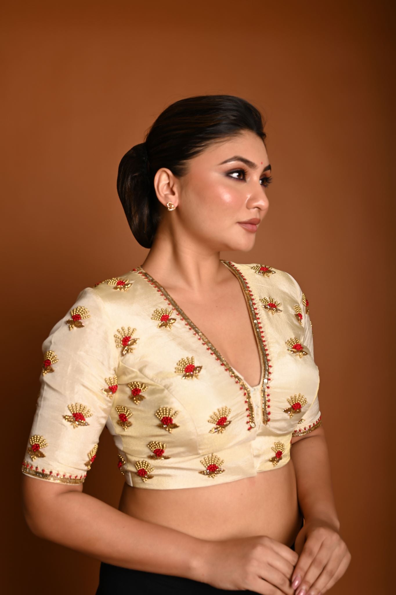 Cream White Tissue Silk Plunging V-Neckline Blouse with Hand Embroidery Side