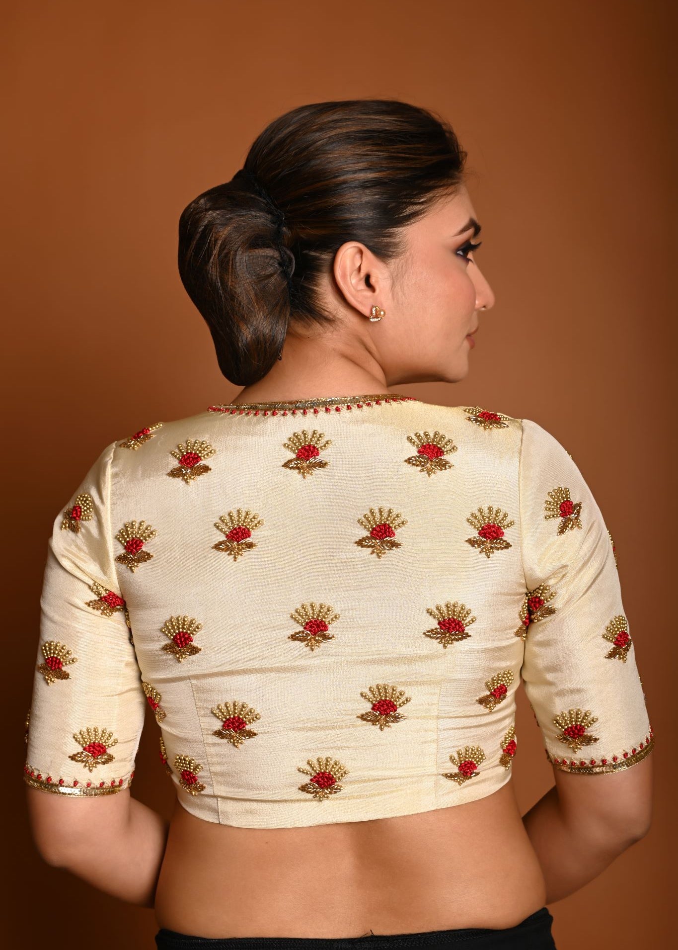 Cream White Tissue Silk Plunging V-Neckline Blouse with Hand Embroidery Back