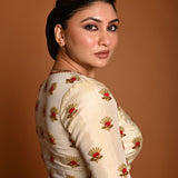 Cream White Tissue Silk Plunging V-Neckline Blouse with Hand Embroidery another side