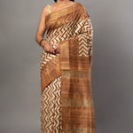 Cream and Brown Ghicha Silk Printed Saree - Anvi Couture
