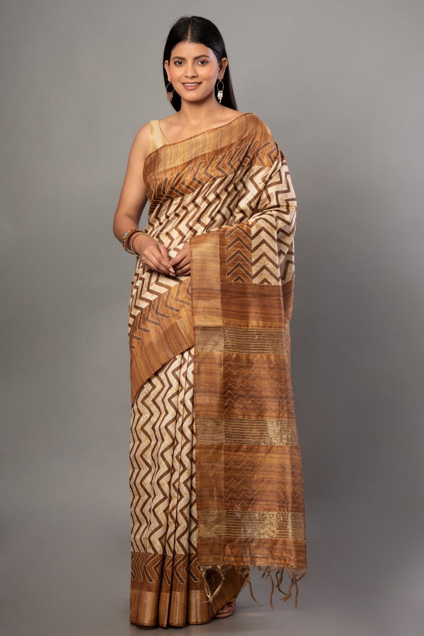 Cream and Brown Ghicha Silk Printed Saree - Anvi Couture