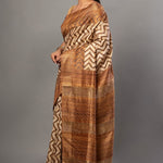 Cream and Brown Ghicha Silk Printed Saree - Anvi Couture