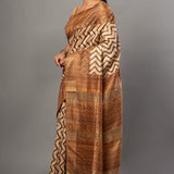 Cream and Brown Ghicha Silk Printed Saree - Anvi Couture