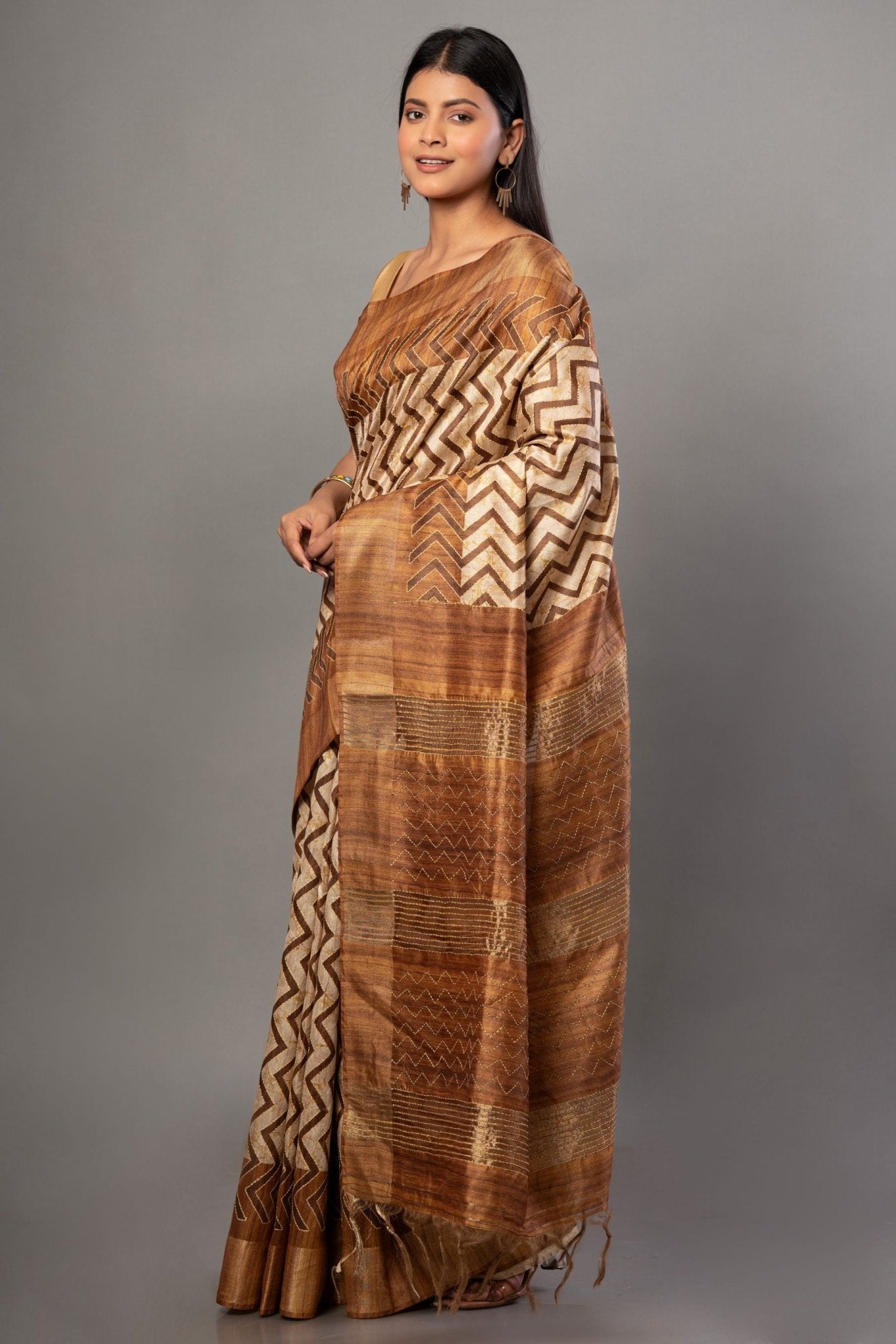 Cream and Brown Ghicha Silk Printed Saree - Anvi Couture
