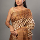 Cream and Brown Ghicha Silk Printed Saree - Anvi Couture