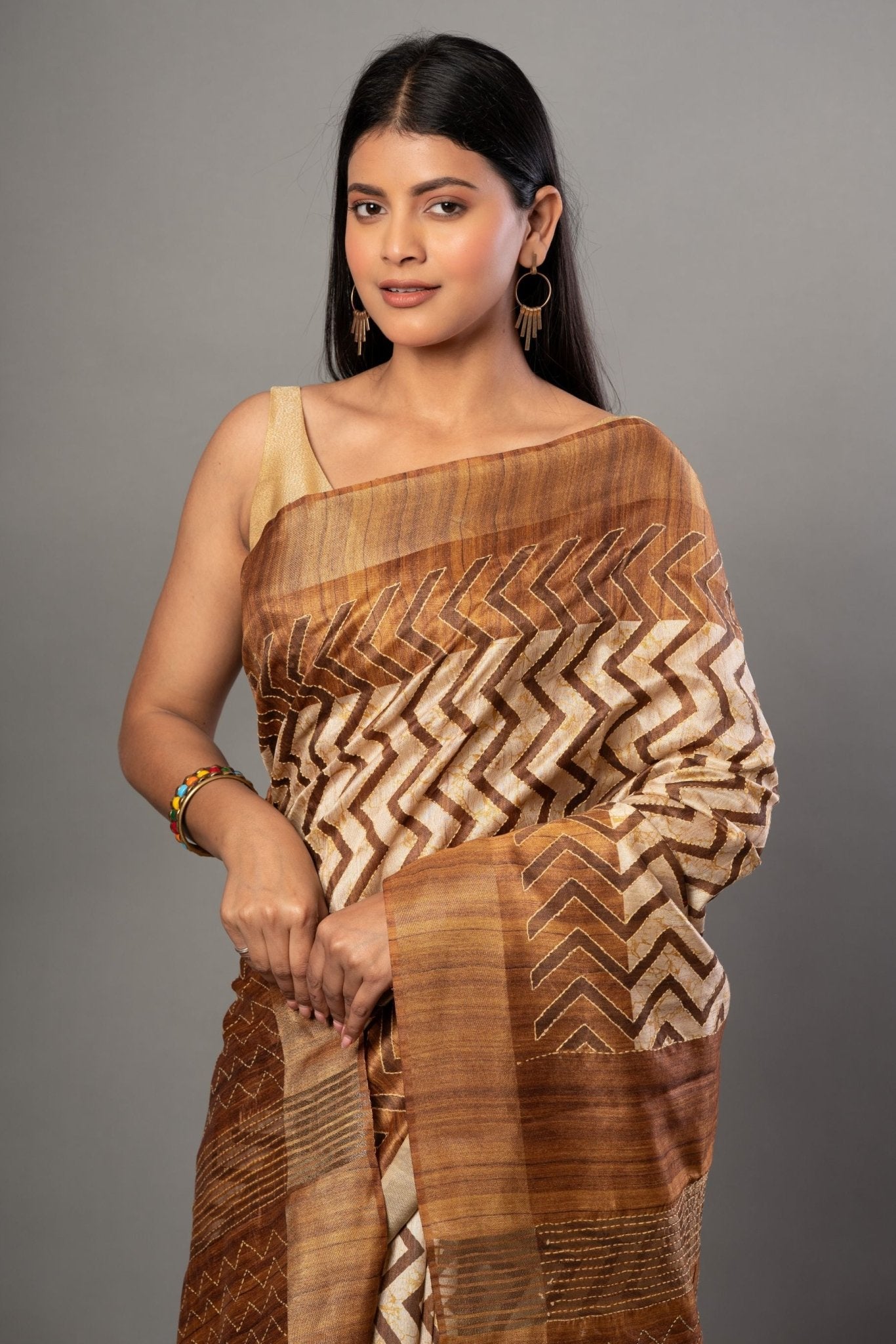 Cream and Brown Ghicha Silk Printed Saree - Anvi Couture