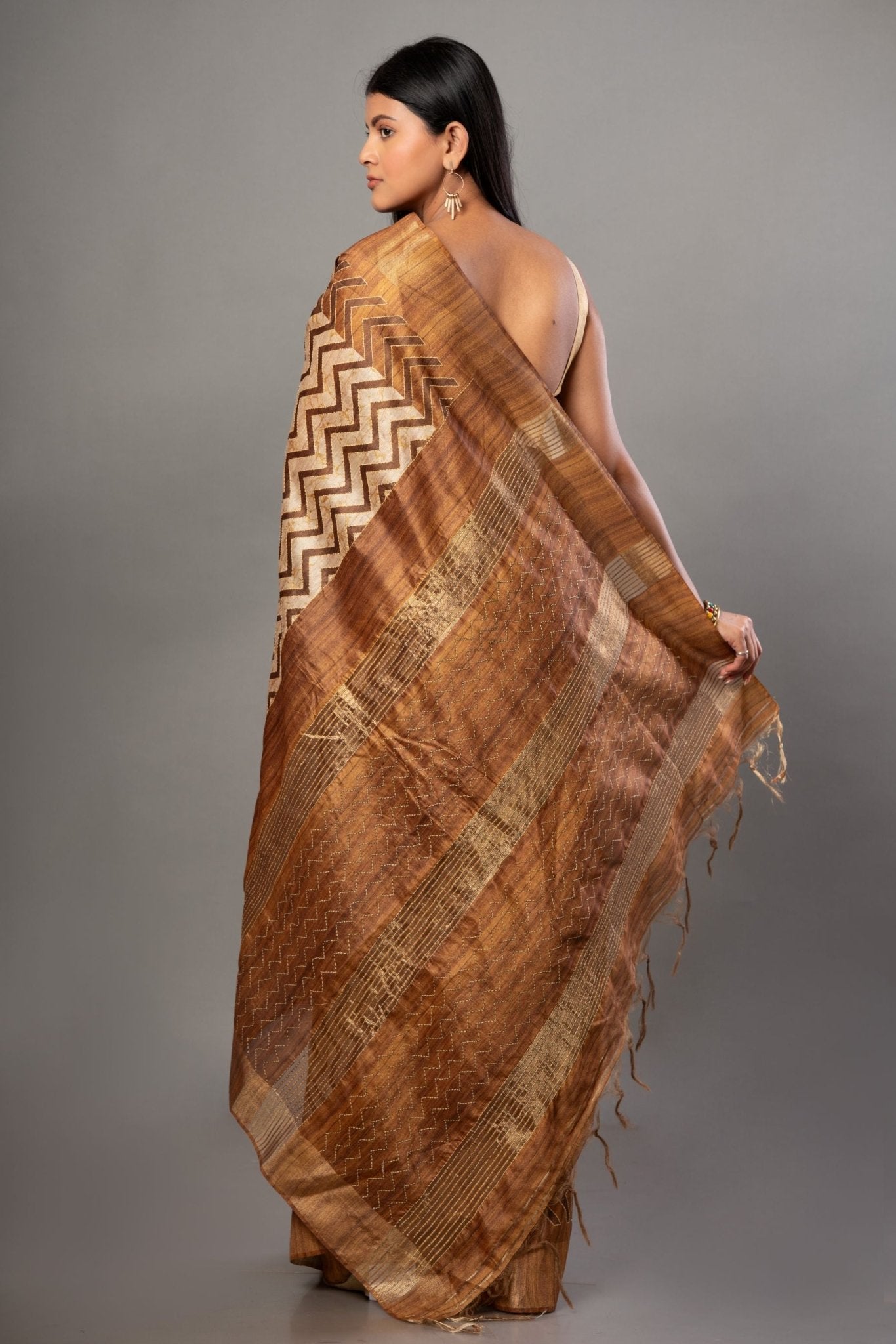 Cream and Brown Ghicha Silk Printed Saree - Anvi Couture