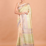 Cream and Green Handblock Printed Silk Saree full