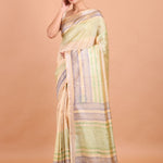 Cream and Green Handblock Printed Silk Saree front